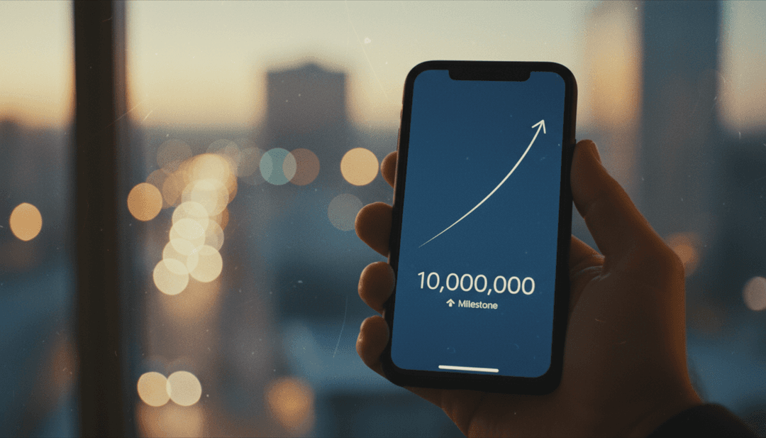 A person holding a phone showing a growth graph, symbolizing a ten million downloads milestone announcement featured on Business Insider.