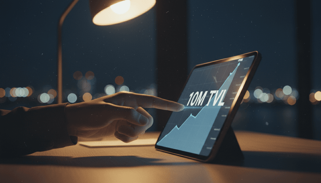 A person's hand pointing to a financial graph on a screen, showing a Ten million TVL milestone announcement on Business Insider.