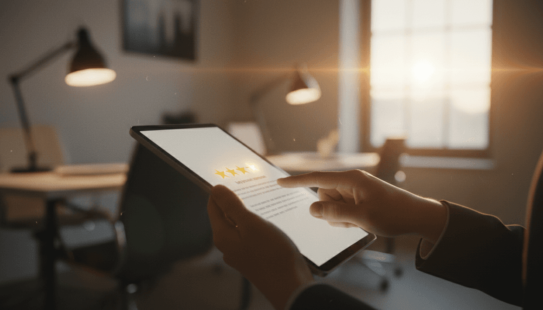 A person highlighting a positive customer review on a tablet, symbolizing a testimonials announcement featured on Business Insider.