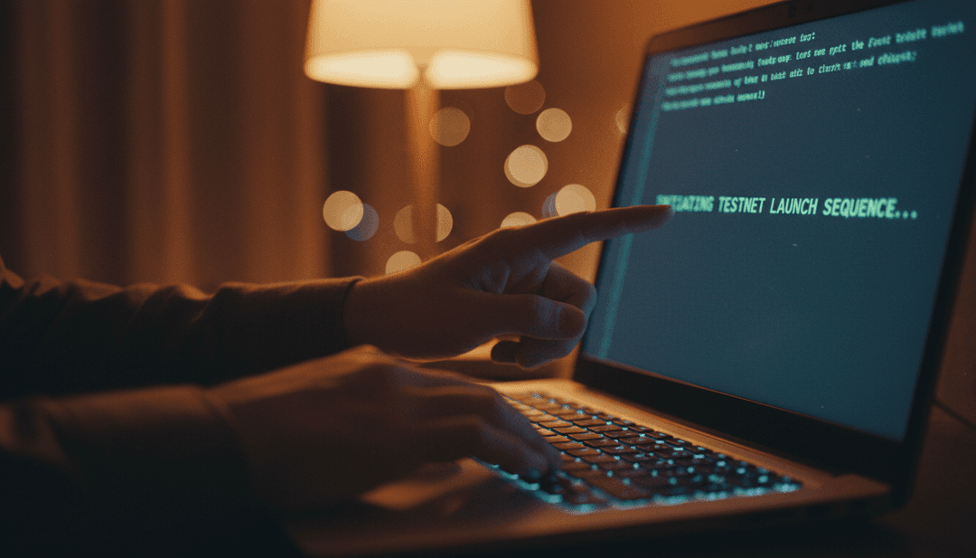 A close-up of a developer's hand pointing at code on a laptop, symbolizing a Testnet launch announcement on Business Insider.