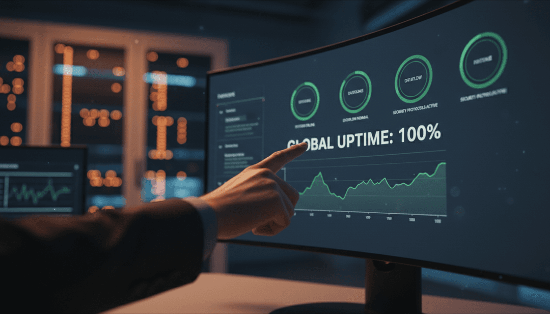 A hand points to a monitor displaying a 100% uptime graph, symbolizing a zero downtime quarter milestone featured on Business Insider.