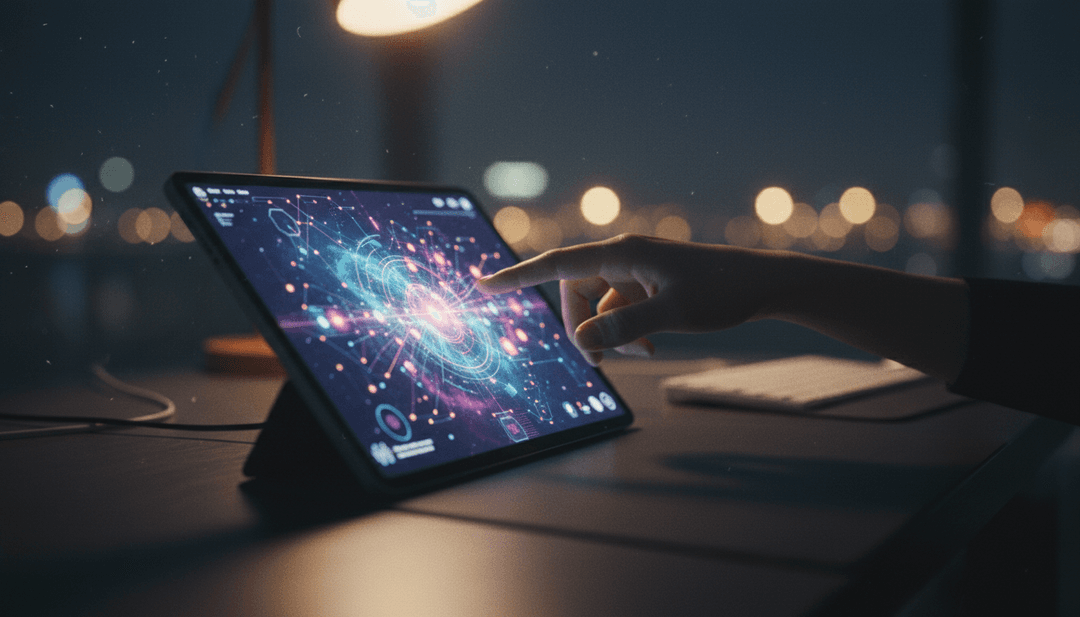 A close-up image showing a hand activating an AI product on a tablet, symbolizing an AI product launch announcement on MarketWatch.