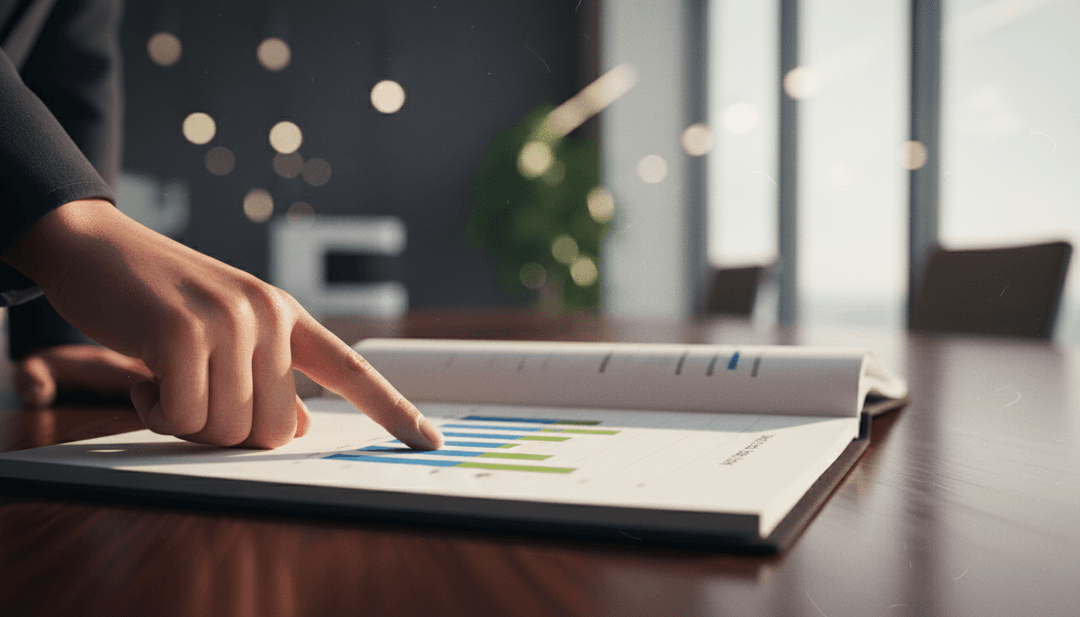 A close-up of a person's hand pointing to a chart in a printed document, representing an annual report release featured on a financial news outlet like MarketWatch.