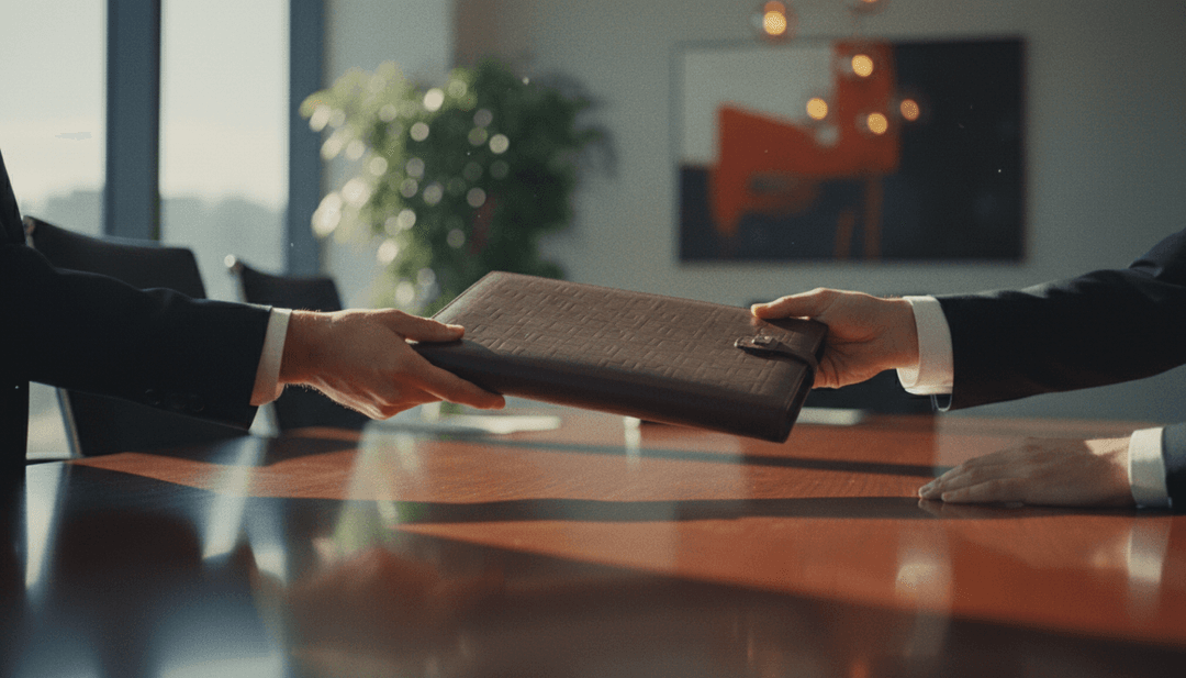 A close-up image of a leather portfolio being passed between two people, symbolizing a board member appointment announcement featured on MarketWatch.