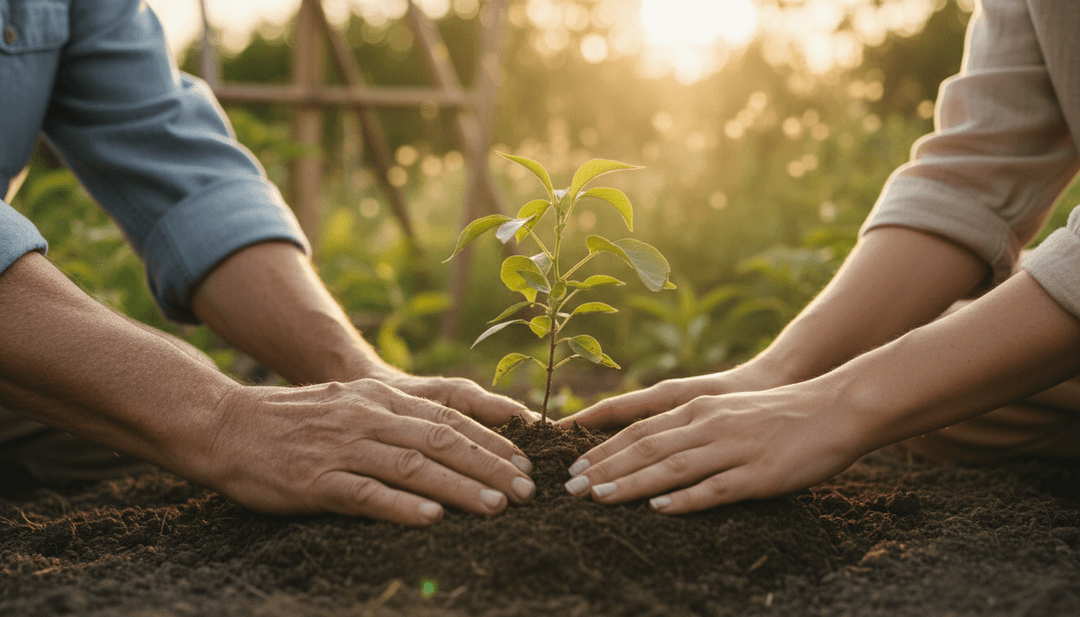 A close-up, cinematic photo representing a community initiative announcement on MarketWatch, showing hands planting a sapling together.