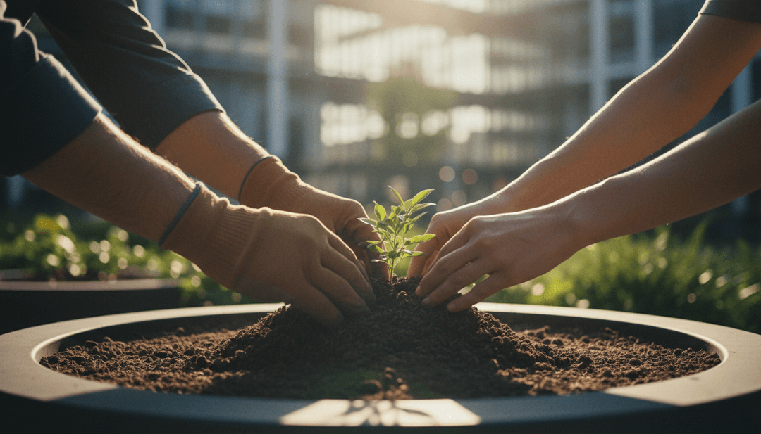 Hands planting a small tree, symbolizing a CSR initiative launch announced on MarketWatch, demonstrating corporate responsibility and growth.