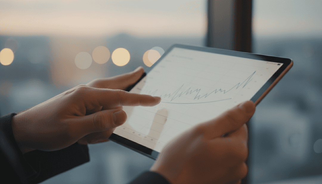 A close-up of a hand pointing to a stabilized financial graph on a tablet, representing a DeFi risk mitigation update announcement on MarketWatch.