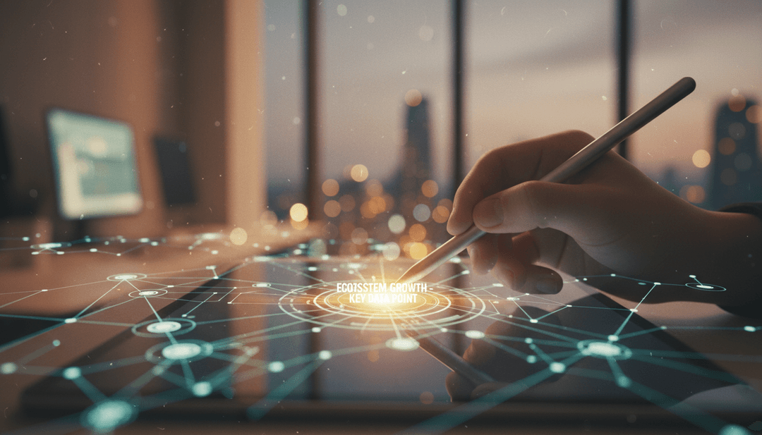 A person analyzing an ecosystem growth report on a tablet, with a focus on a key data point highlighted on a network graph, symbolizing a feature on MarketWatch.