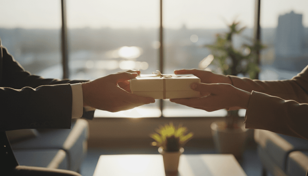 Hands exchanging a small gift, symbolizing an employee engagement program announcement published on financial news sites like MarketWatch.