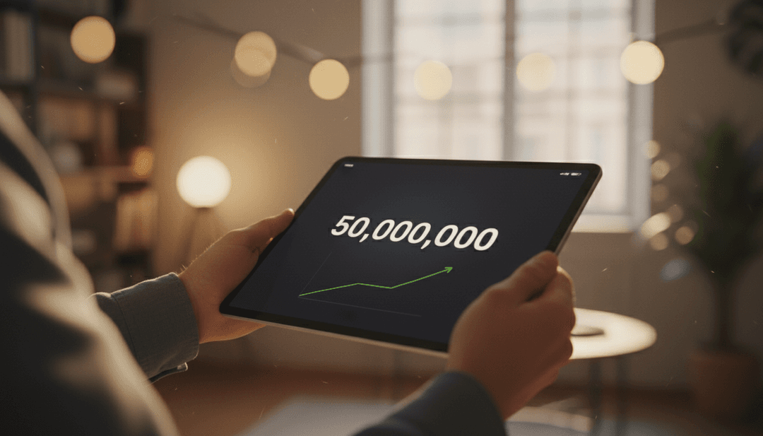 A person holding a tablet displaying a fifty million user milestone, symbolizing a growth announcement featured on MarketWatch.
