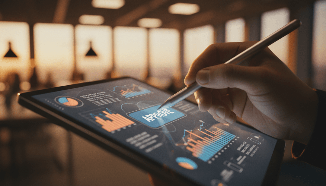 A close-up image representing a Governance Proposal Launch, with a hand approving a measure on a tablet, symbolizing a feature on MarketWatch.