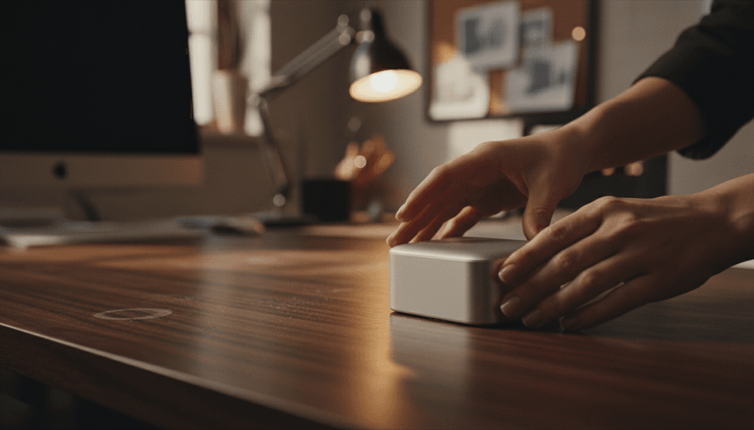 A close-up photo of hands placing a new hardware device on a desk, representing a hardware launch announcement on MarketWatch.