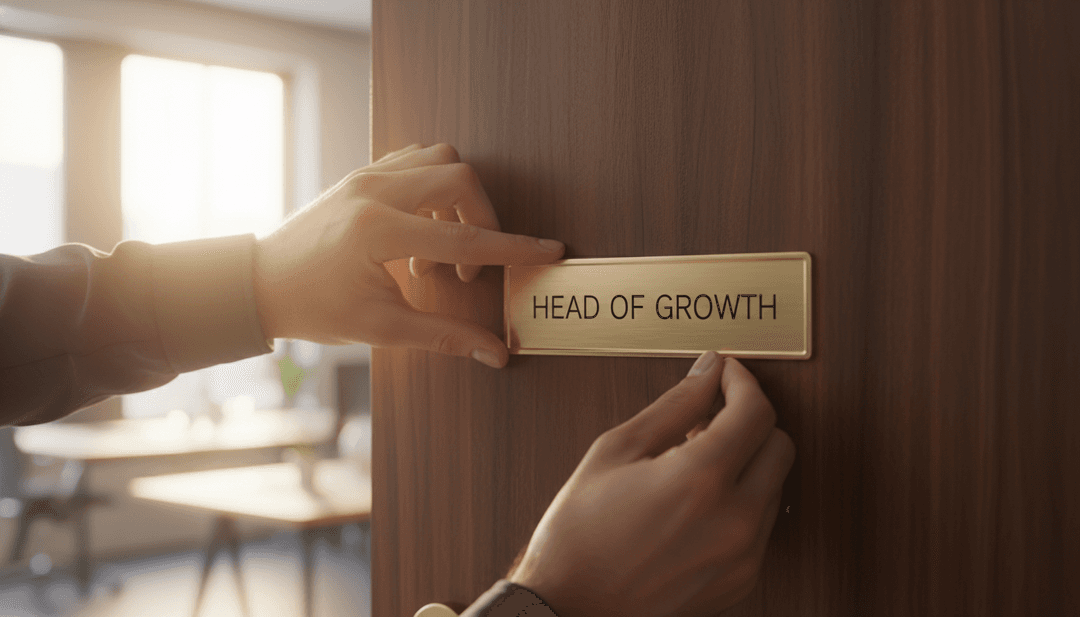 A person's hands placing a 'Head of Growth' nameplate, symbolizing a new leadership appointment announced on financial media like MarketWatch.