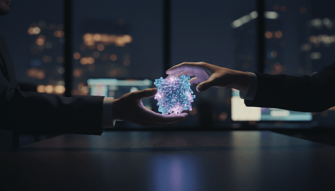 Cinematic photo of two hands exchanging a glowing digital asset, representing a liquidity pool partnership announcement on MarketWatch.