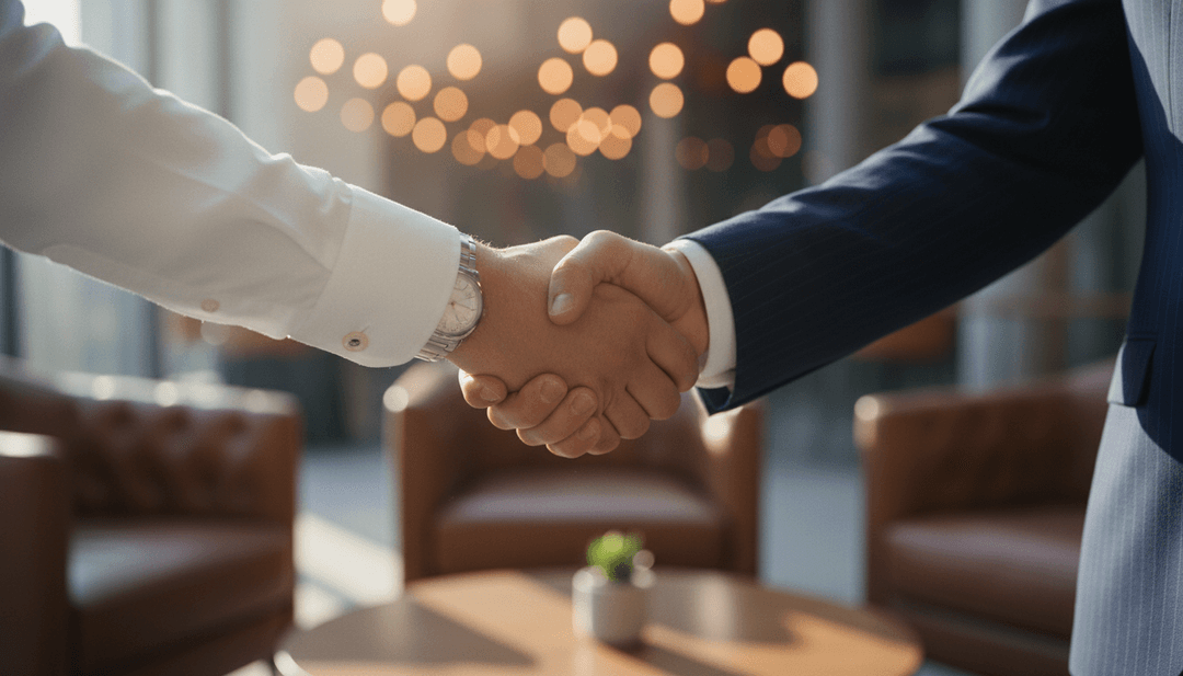 A close-up of a professional handshake symbolizing a merger announcement, with a blurred office background, representing a feature on MarketWatch.