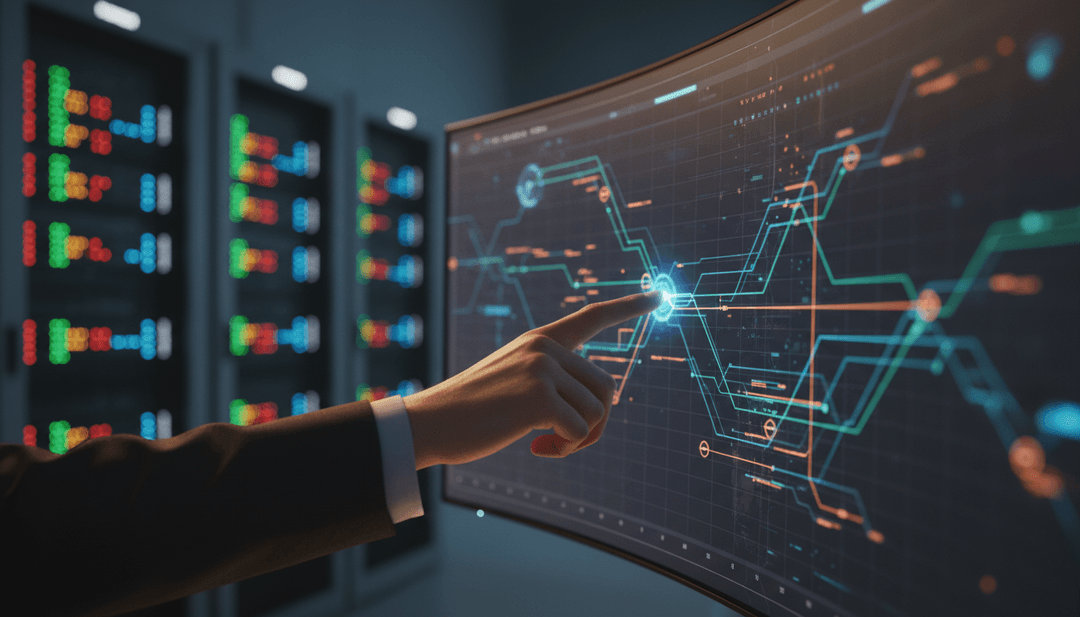 A close-up of a hand pointing to a glowing network graph on a screen, symbolizing a network upgrade announcement on MarketWatch.