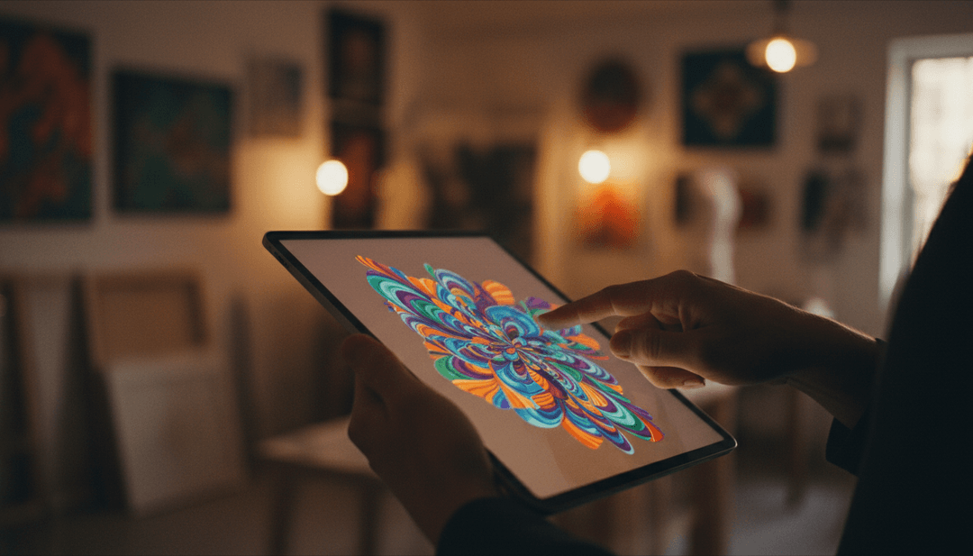 A person holding a tablet displaying a digital NFT, representing an NFT marketplace launch announcement featured on MarketWatch.