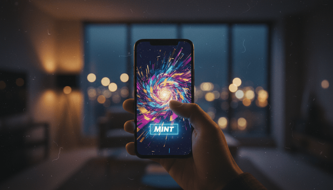 A person holding a phone displaying a digital NFT, representing an NFT mint event announcement featured on a financial outlet like MarketWatch.