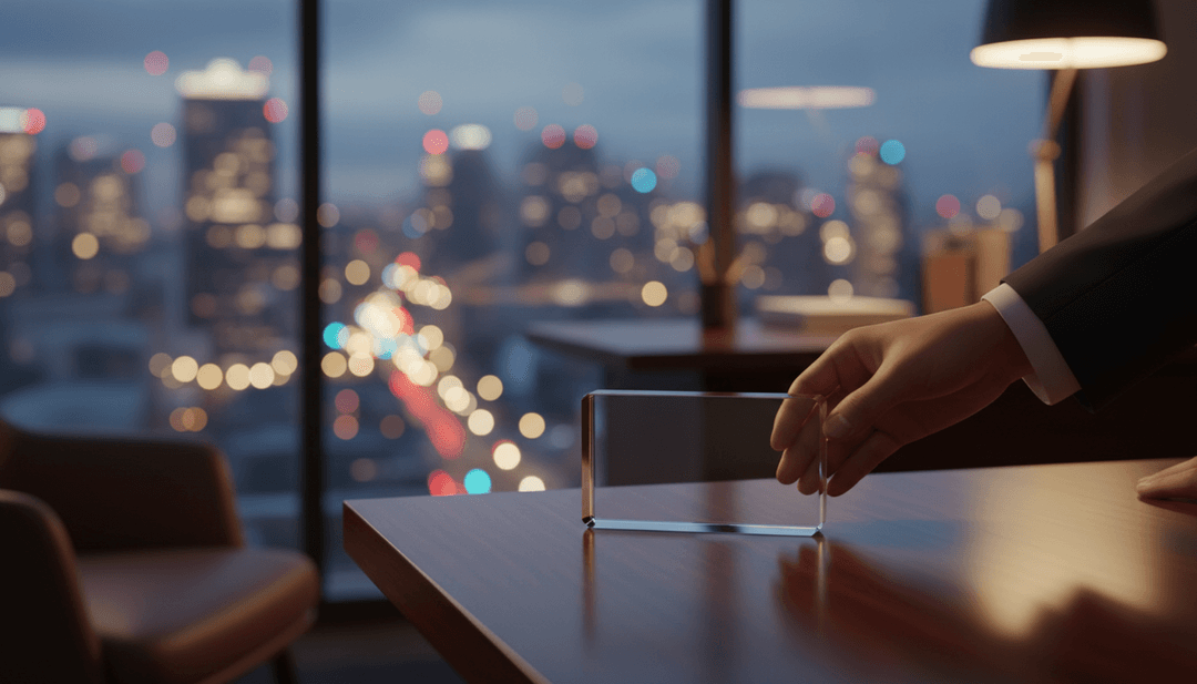 A close-up of hands placing a glass award on a desk, symbolizing a company's award nomination announcement featured on financial media like MarketWatch.