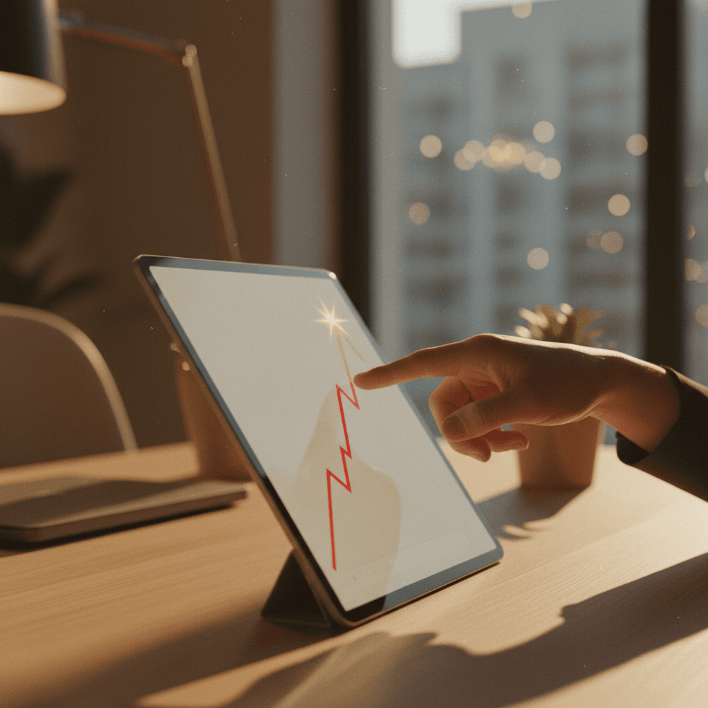 A close-up of a hand pointing to a growth chart on a tablet, representing a $100M ARR milestone announcement featured on MarketWatch.