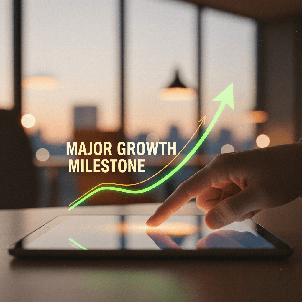 A person's hand pointing to a growth chart on a screen, representing a $100M TVL milestone announcement on MarketWatch.
