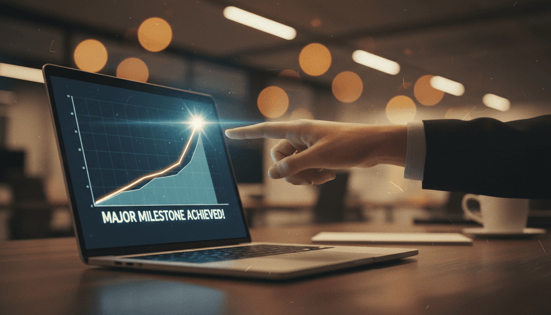 A person's hand pointing to a growth chart on a laptop, symbolizing a one million ARR milestone announcement featured on a financial news outlet like MarketWatch.