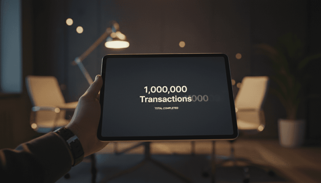A photorealistic image of a tablet screen showing a dashboard reaching a one million transactions milestone, symbolizing a business announcement on MarketWatch.