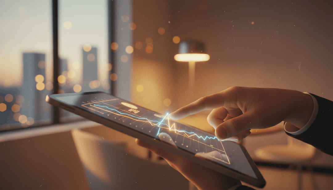 A person's hand points to a growth chart on a tablet, symbolizing a one thousand paying customers milestone announcement on MarketWatch.