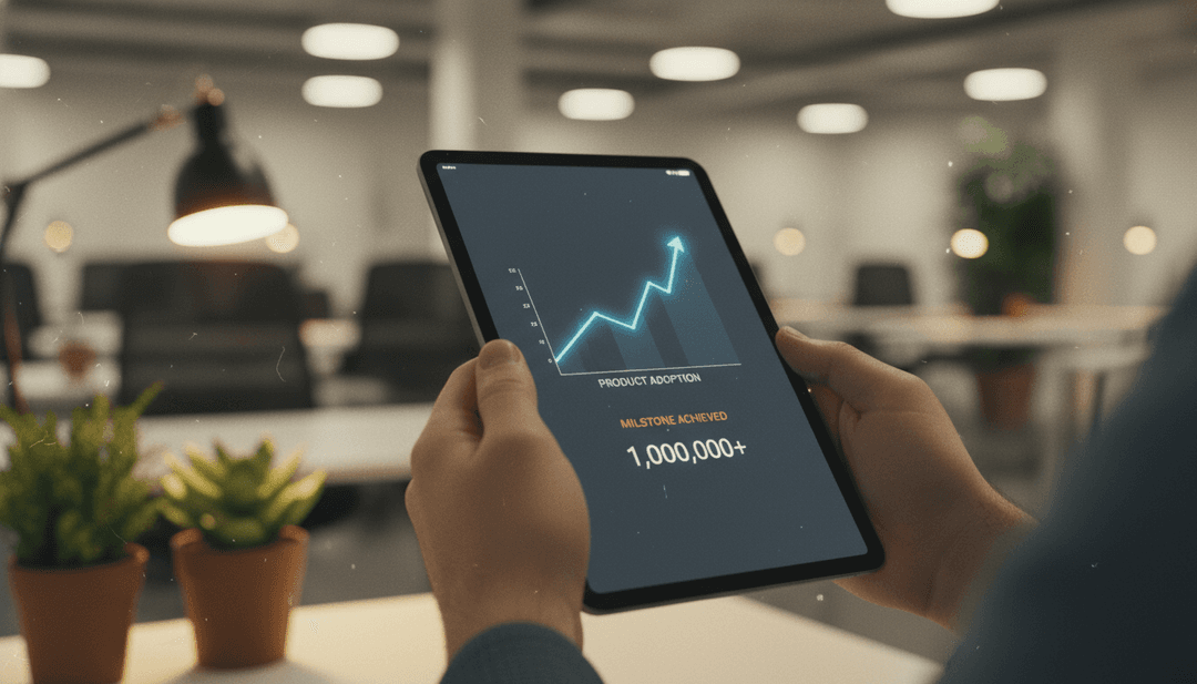 A person reviews a product adoption milestone on a tablet, symbolizing a successful announcement on a platform like MarketWatch.