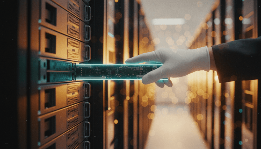 A close-up of a new server blade being added to a rack, symbolizing a scalability milestone announcement on MarketWatch.