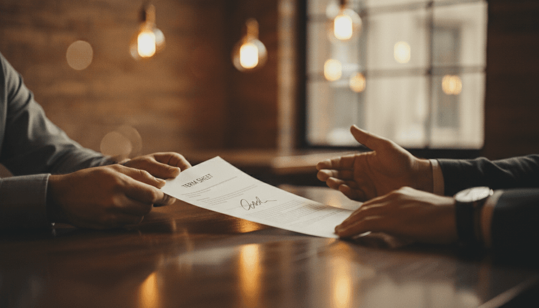 A cinematic close-up of a signed term sheet being passed between two people, symbolizing a seed funding announcement for MarketWatch.