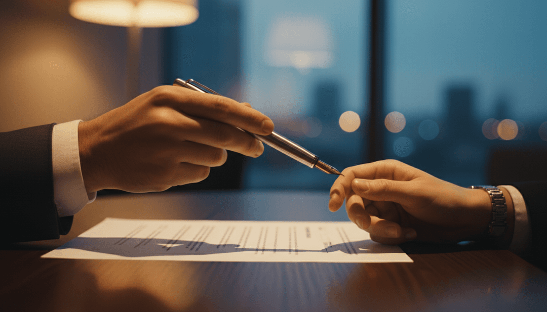 A close-up cinematic shot of hands exchanging a pen over a document, symbolizing a Series C funding announcement deal featured on MarketWatch.