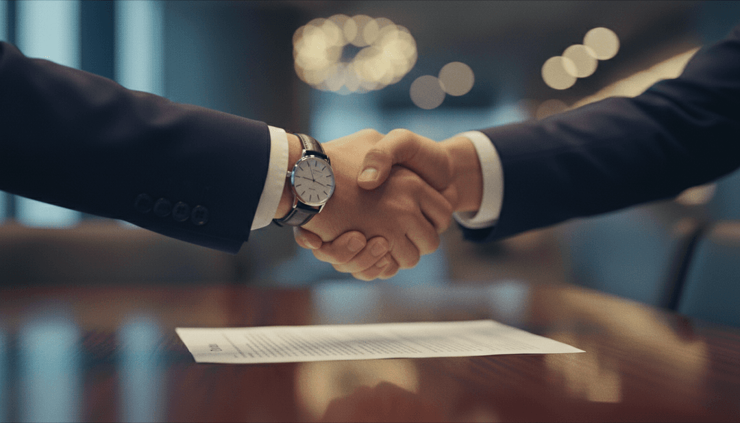 A close-up, cinematic photo of a handshake over a table, symbolizing a successful Series D funding announcement featured on MarketWatch.