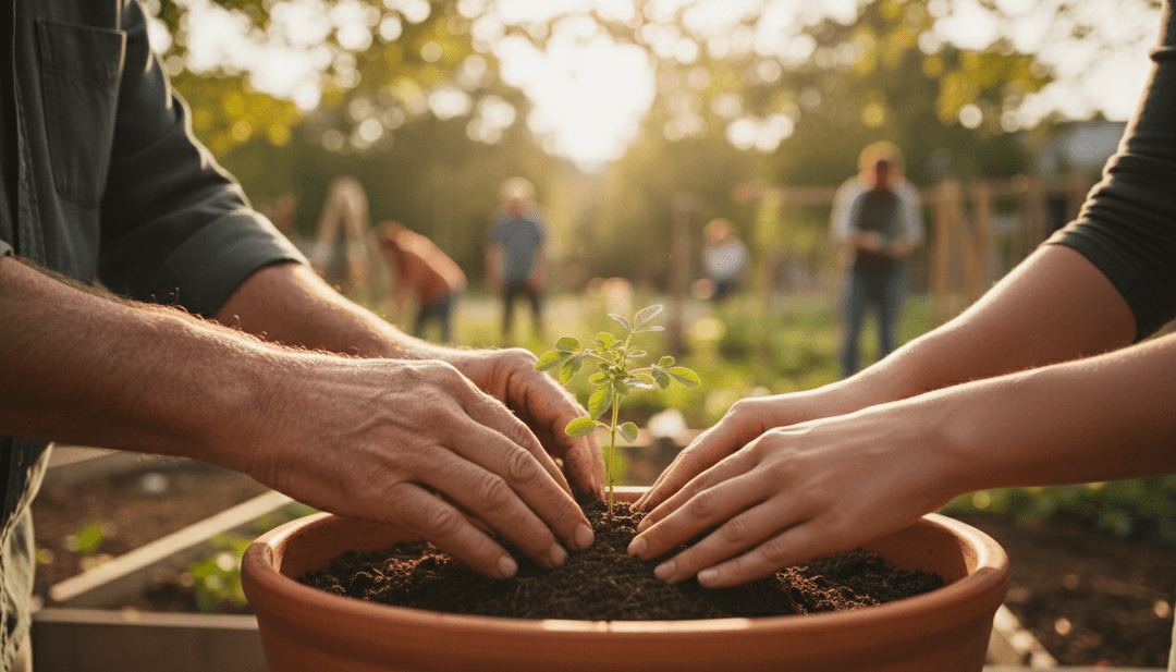 Hands planting a small sapling, representing a social impact program announcement featured on a financial outlet like MarketWatch.