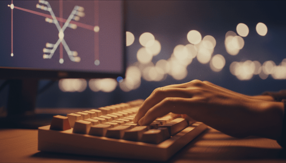 A close-up, cinematic shot of hands on a keyboard, symbolizing a developer finalizing a soft fork announcement for publication on MarketWatch.