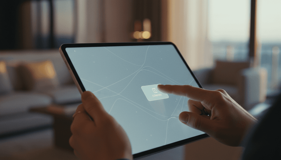 A close-up of hands confirming a staking program launch on a tablet, representing a business announcement on MarketWatch.