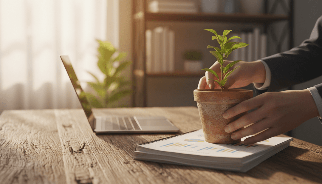 Hands placing a small plant next to business documents, symbolizing the announcement of a sustainability report on MarketWatch.