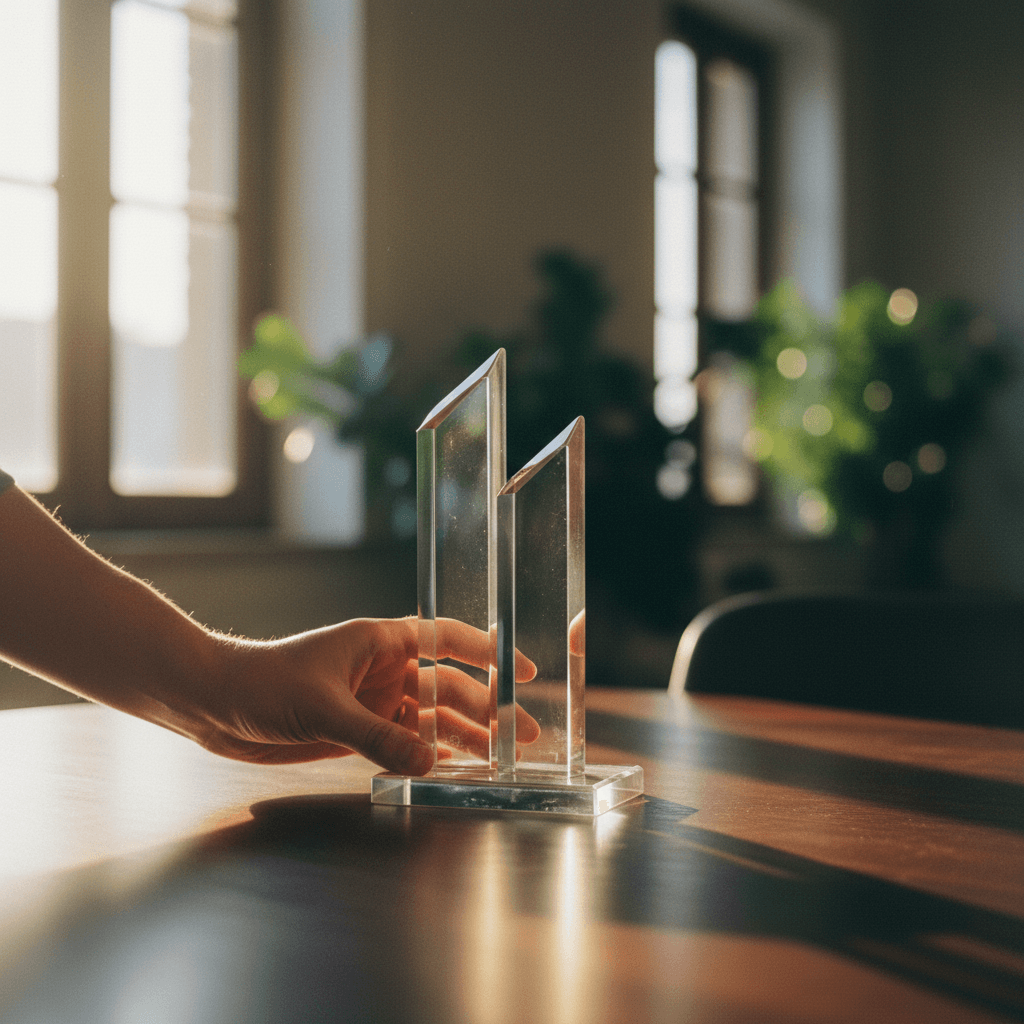 A person places a modern glass tech excellence award on a desk, symbolizing a business announcement on MarketWatch.