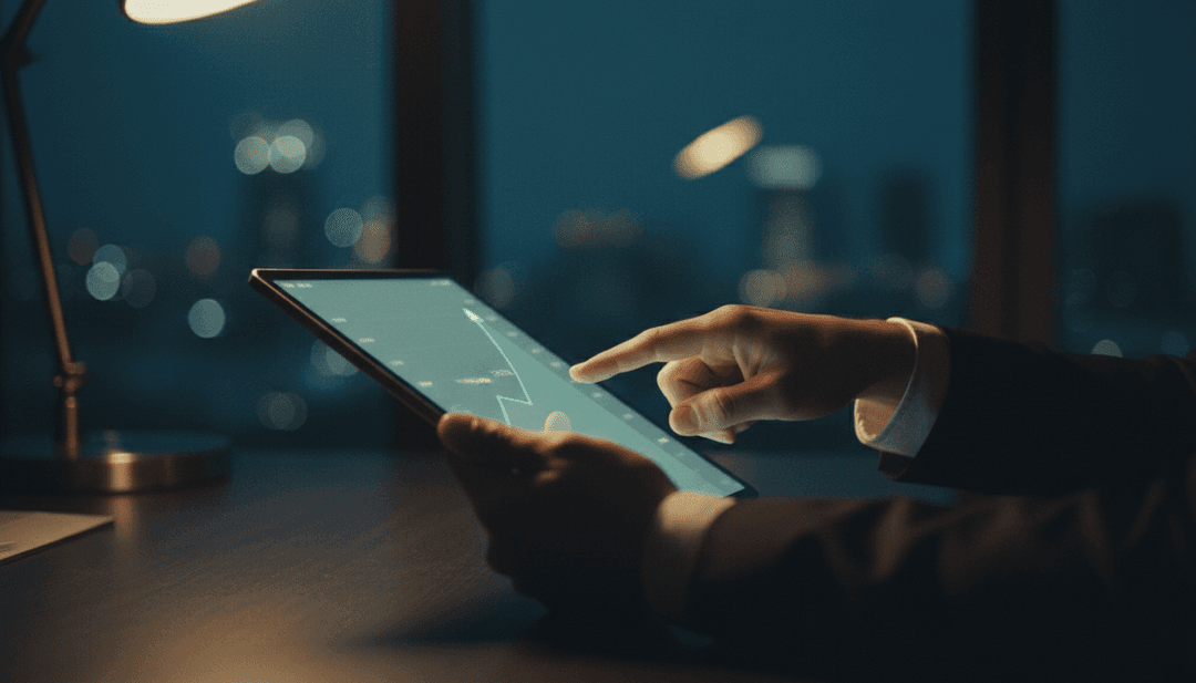 A person's hand points to a glowing data graph on a tablet, symbolizing a ten million transactions milestone announcement on MarketWatch.