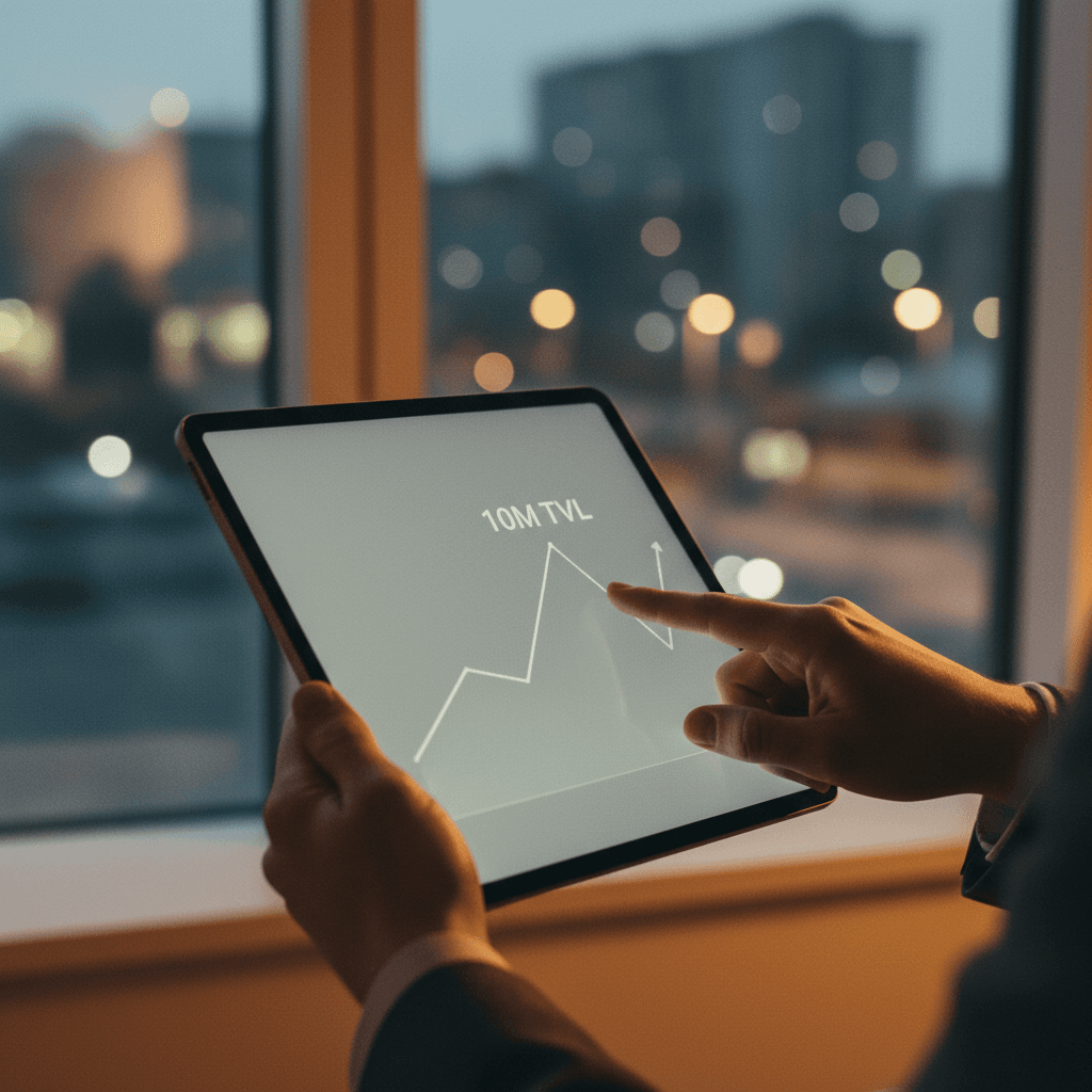 A person pointing to a financial graph on a tablet showing a ten million TVL milestone, representing an announcement on MarketWatch.