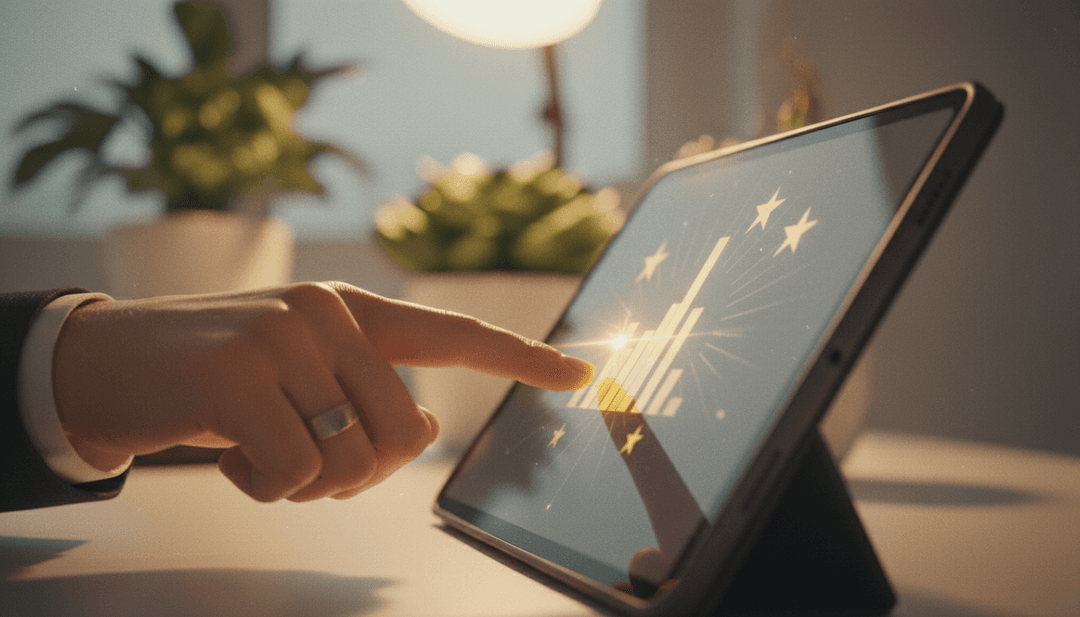A close-up of a hand pointing to a positive testimonial on a tablet, symbolizing a testimonials announcement featured on MarketWatch.