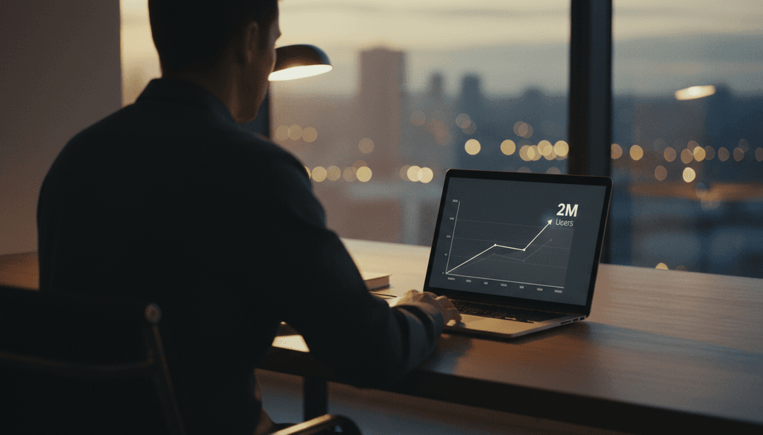 A person views a laptop screen showing a growth chart surpassing the two million users milestone, symbolizing a MarketWatch feature announcement.
