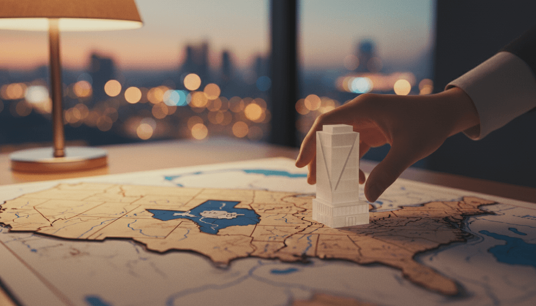 A hand placing a miniature office building on a map of the USA, symbolizing a US market entry announcement featured on MarketWatch.