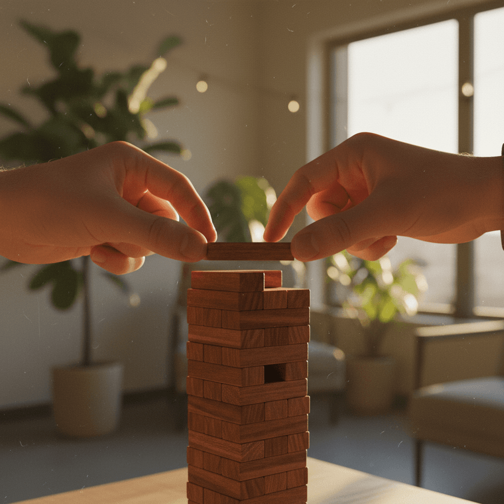 A person carefully stacking blocks, representing the announcement of a user retention milestone and its publication on MarketWatch.