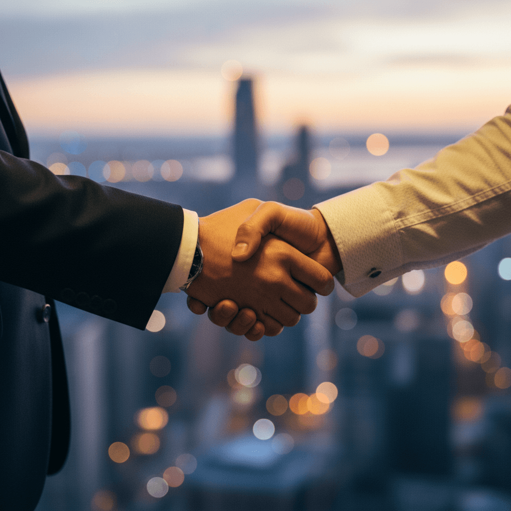 A cinematic photo of a professional handshake, symbolizing a VP of Sales appointment announcement featured on MarketWatch.