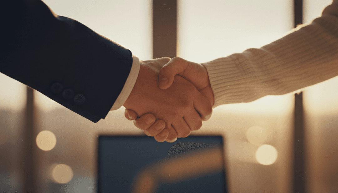 A close-up of a handshake symbolizing an affiliate partnership announcement, with a link to media coverage on NewsBreak.