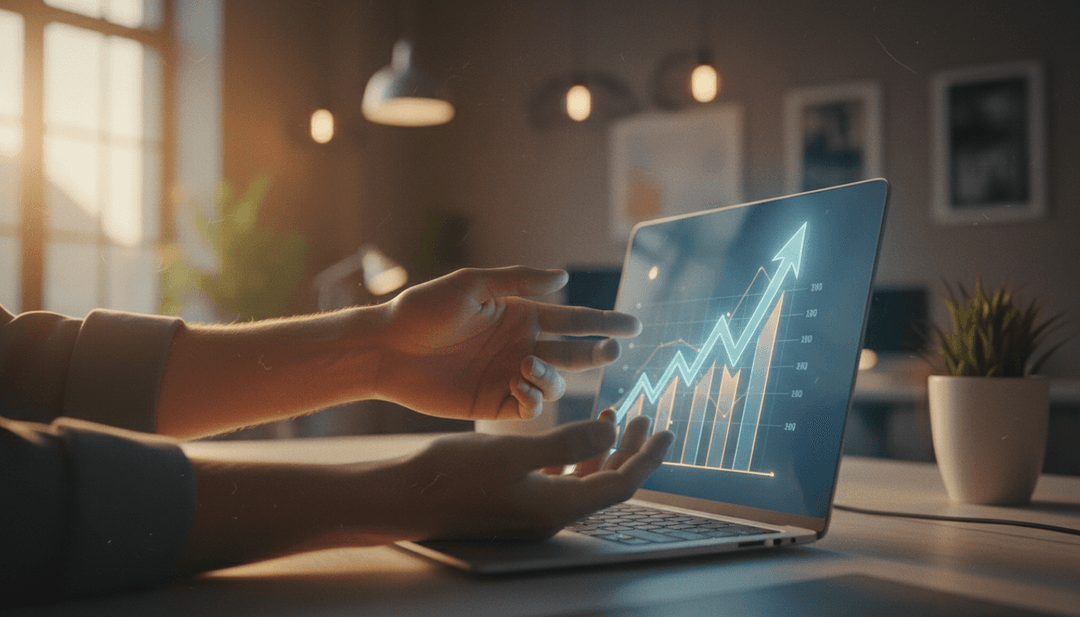 A person's hands point to a growth chart on a laptop, symbolizing an API usage milestone announcement featured on NewsBreak.