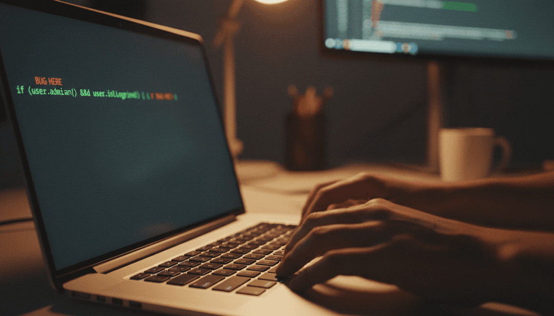 A person's finger points to a line of code on a laptop, representing a bug bounty program launch announcement on NewsBreak.
