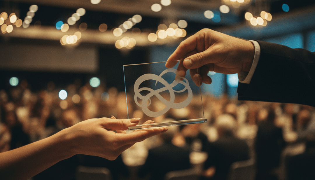 A close-up, cinematic photo of a small glass award being presented, symbolizing a client milestone celebration announced on media outlets like NewsBreak.
