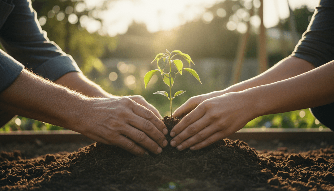 Close-up of hands planting a small tree, representing a community initiative announced on a news outlet like NewsBreak.